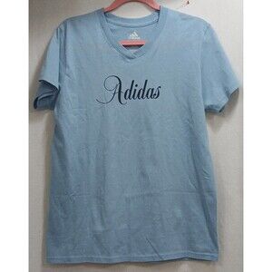 ADIDAS Women's Large Blue Black Cursive Logo 100% Cotton S/S V-Neck T-Shirt Note